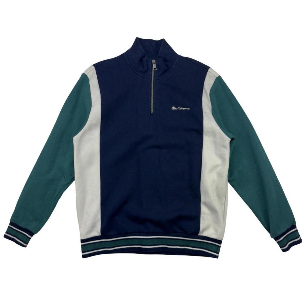 Ben Sherman Funnel Neck 1/4 Zip Sweatshirt Cotton Blend Blue Green Size M
